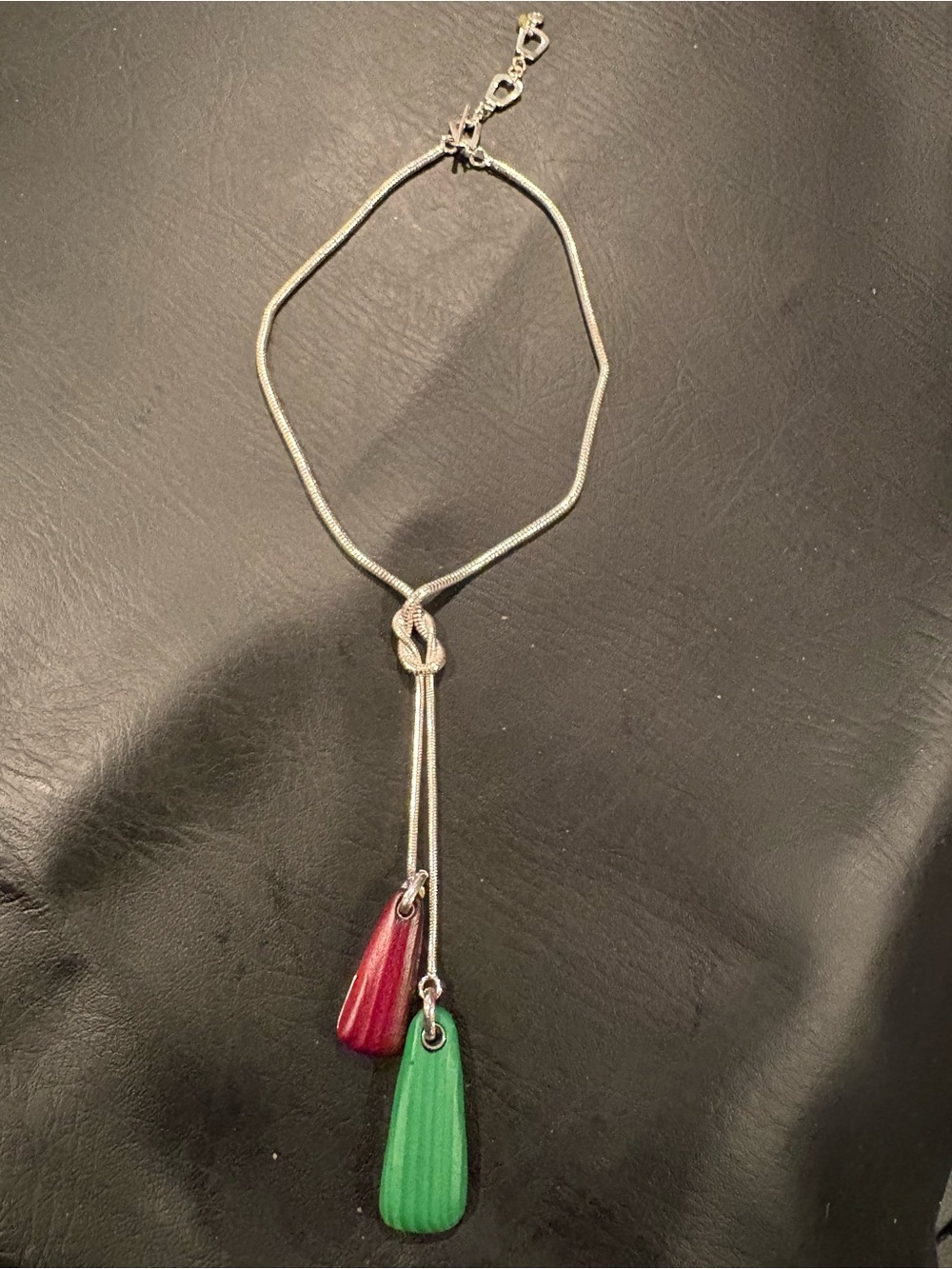 Silver Lariat Necklace with Red and Green Pendants